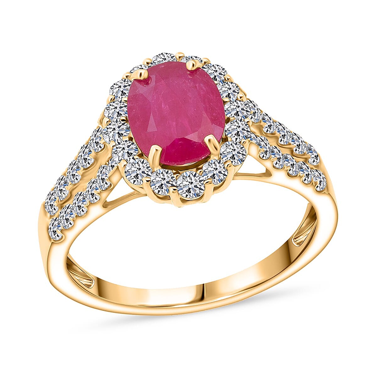 10K Yellow Gold Premium Mozambique Ruby, Luxuriant Lab Grown Diamond (G-H, SI) Ring (Size 6.0) 2.50 ctw