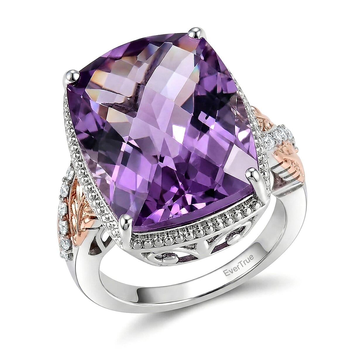 EverTrue Rose De France Amethyst, White Zircon Ring in 18K RG Plated and Platinum Bond (Size 8.0) 20.60 ctw