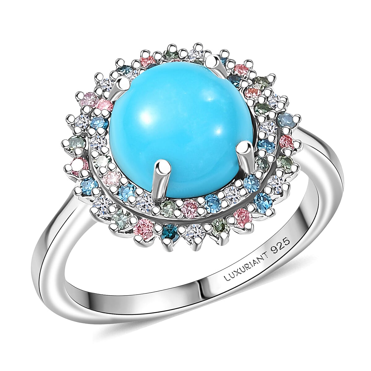AAA Sleeping Beauty Turquoise, Luxuriant Lab Grown Multi Diamond (SI) (0.42 cts) Ring in Rhodium Over Sterling Silver (Size 10.0) 3.10 ctw