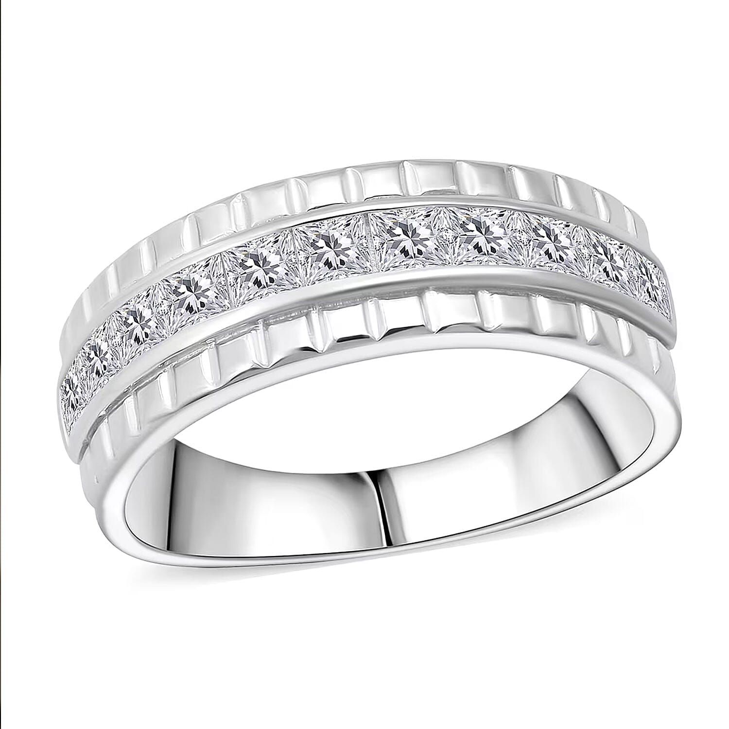 Simulated Diamond Band Ring in Rhodium Over Sterling Silver (Size 10.0)