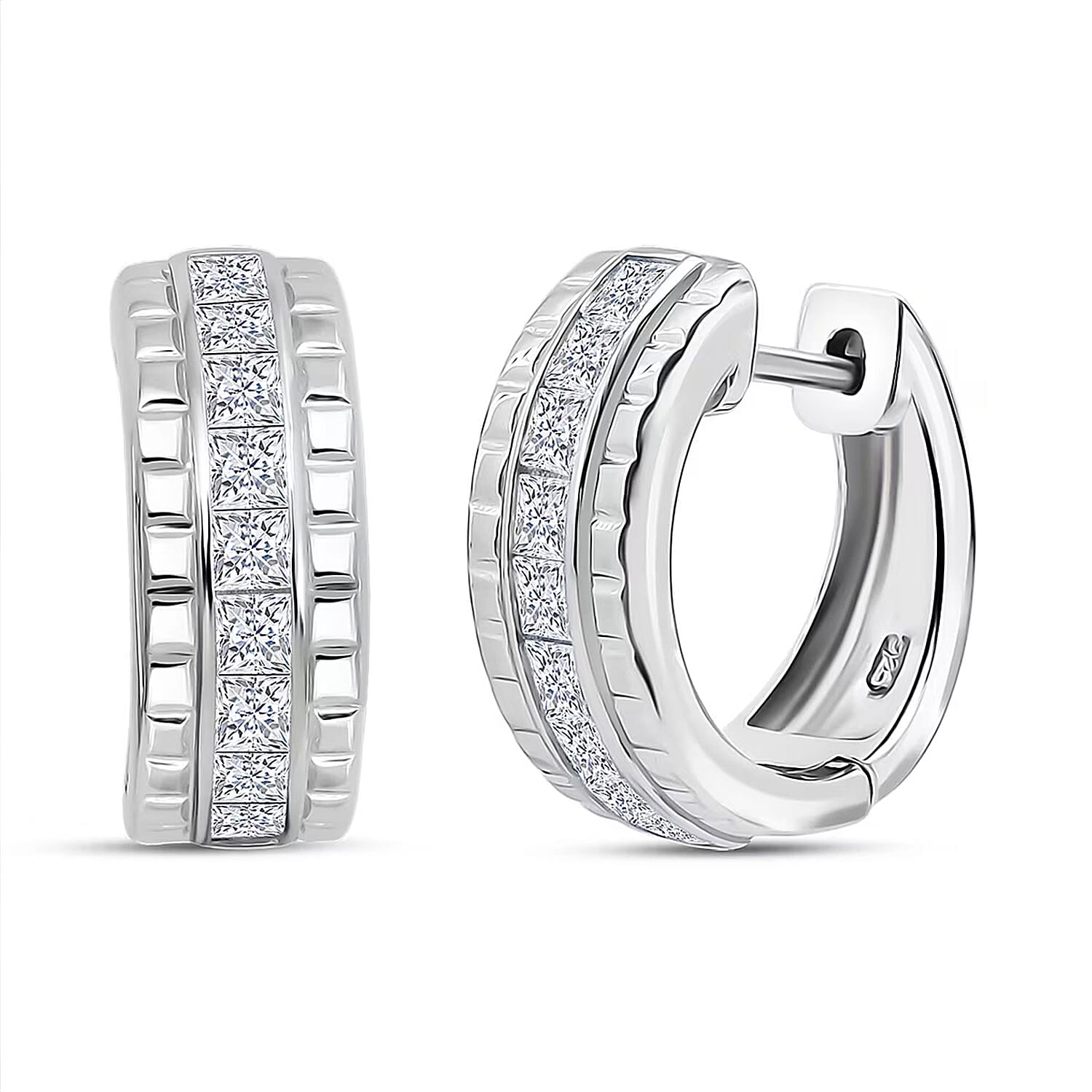 Simulated Diamond Hoop Earrings in Rhodium Over Sterling Silver