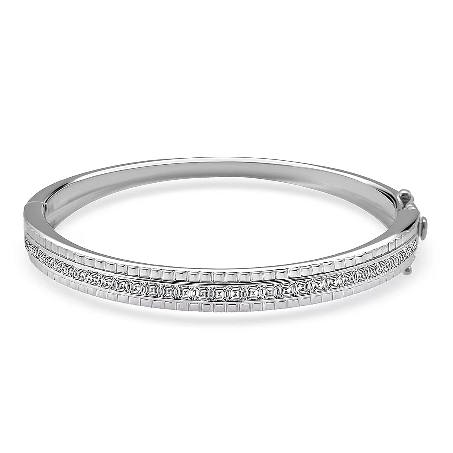 Simulated Diamond Bangle Bracelet in Rhodium Over Sterling Silver (7.25 In) 6.00 ctw