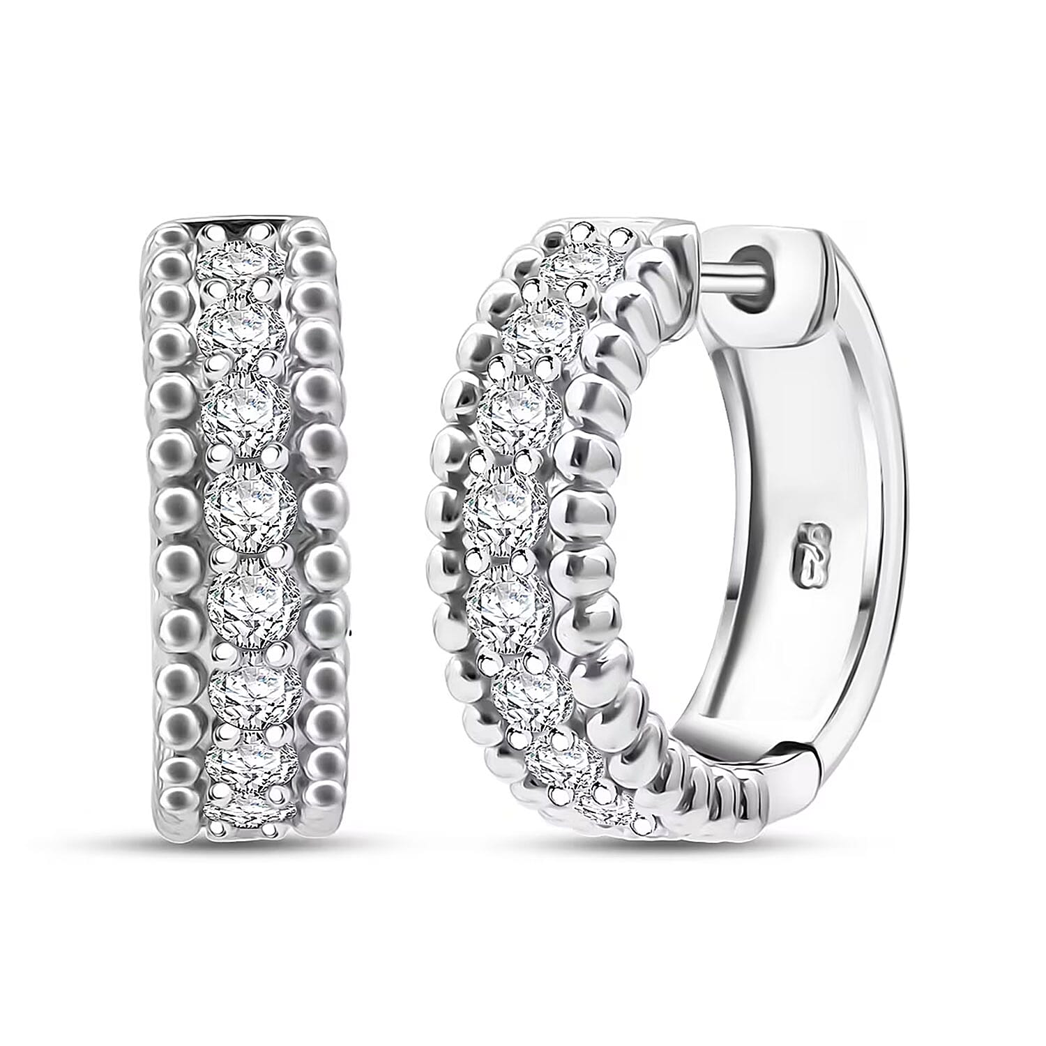 Simulated Diamond Beaded Border Hoop Earrings in Rhodium Over Sterling Silver