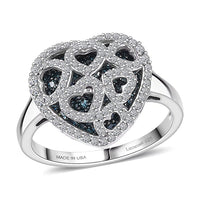 Luxuriant Lab Grown Blue Diamond (IR), Lab Grown White Diamond (SI) Matrix Heart Ring in Rhodium Over Sterling Silver (Size 10.0) 1.00 ctw