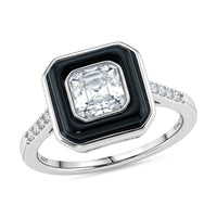 D'Joy Asscher Cut Moissanite (6x6mm), Black Jade Ring in Rhodium Over Sterling Silver (Size 10.0) 3.65 ctw
