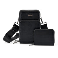 La Marey Black Faux Leather Crocodile Pattern Phone Bag (6.69"x4.33"x2.76") with Woven Strap