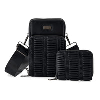 La Marey Sleek Black Pleated Faux Leather Square Phone Bag (6.69"x4.33"x2.76") with Card Bag (4.13"x3.34"x0.79")