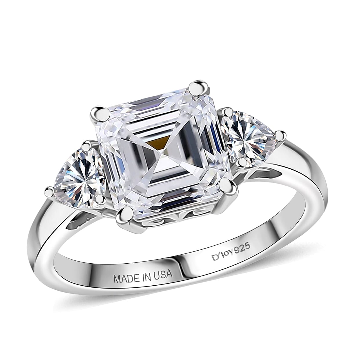 D'Joy Asscher Cut Moissanite (Oct 8x8mm) Ring in Rhodium Over Sterling Silver (Size 10.0) 3.50 ctw