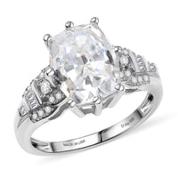 D'Joy Moissanite (Fancy 11x9mm) Ring in Rhodium Over Sterling Silver (Size 5.0) 4.60 ctw