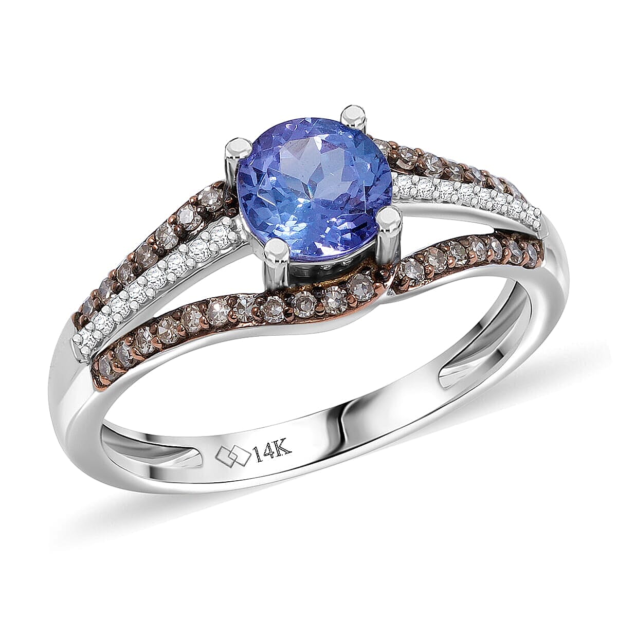 14K White Gold Premium Tanzanite, Natural Champagne and White Diamond (0.30 cts) Ring (Size 10.0) 1.00 ctw