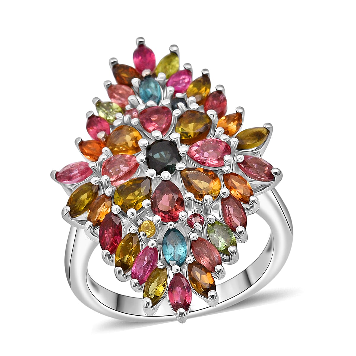 D'Joy Premium Multi-Tourmaline 4.00 ctw Ring in Rhodium Over Sterling Silver