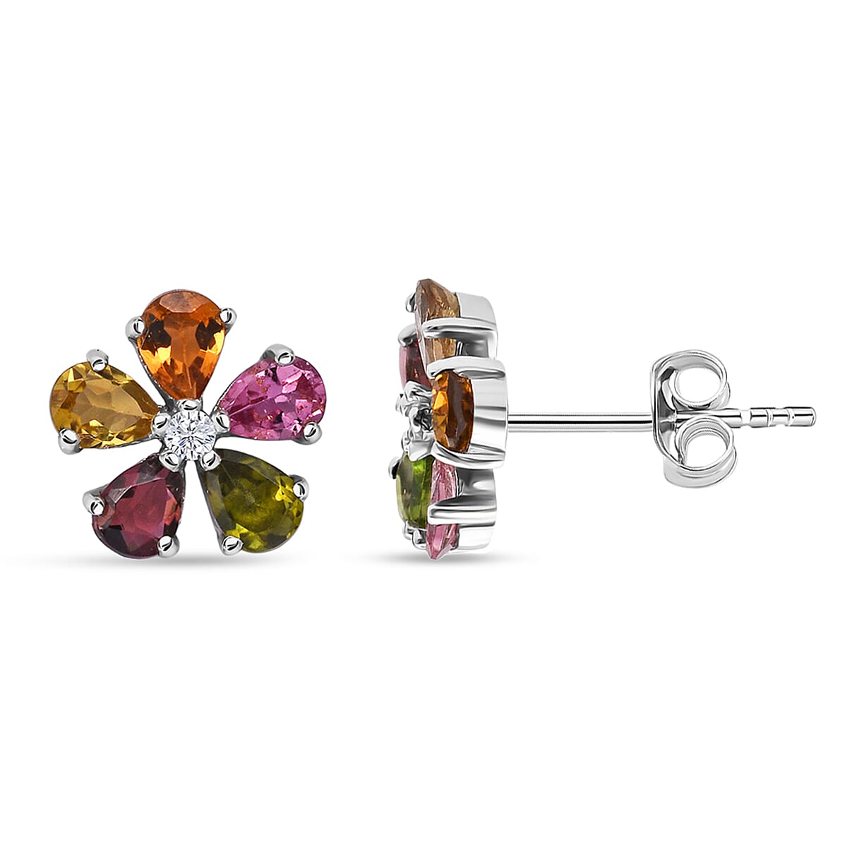 D'Joy Premium Multi-Tourmaline and White Zircon 1.60 ctw Colorburst Flower Stud Earrings in Rhodium Over Sterling Silver
