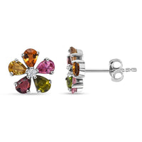 D'Joy Premium Multi-Tourmaline and White Zircon 1.60 ctw Colorburst Flower Stud Earrings in Rhodium Over Sterling Silver