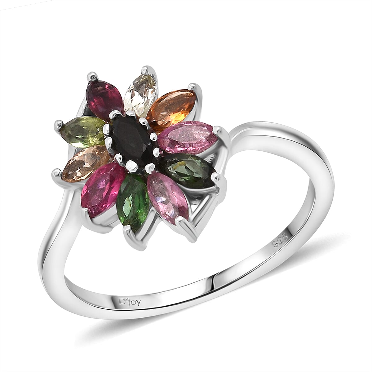 D'Joy Premium Multi-Tourmaline Ring in Rhodium Over Sterling Silver (Size 10.0) 0.90 ctw