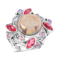 Sajen Silver Pink Pearl Dyed Window Drusy Quartz, Multi Gemstone Ring in Rhodium Over Sterling Silver (Size 10.0) 15.80 ctw - Sticky add to cart bar