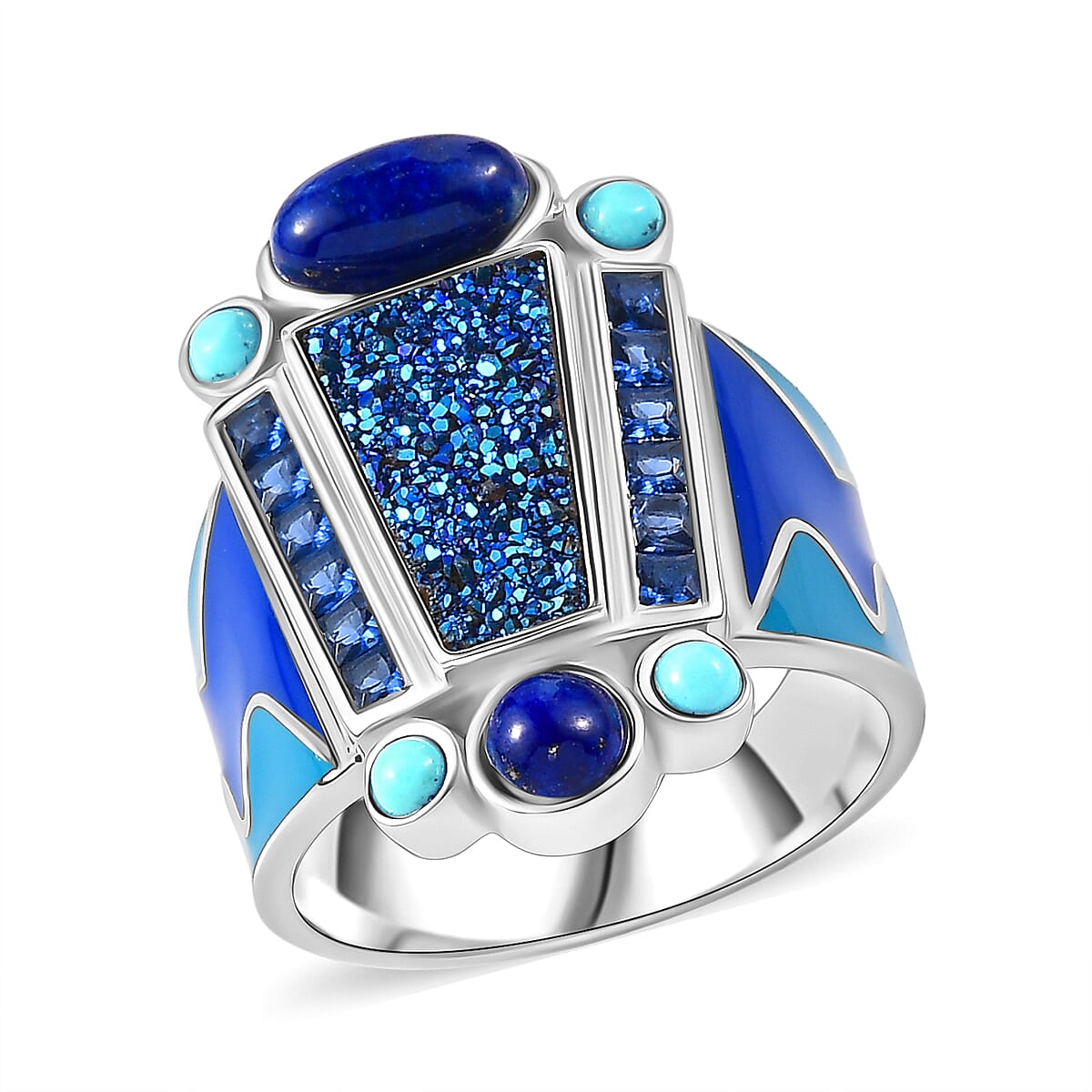 Sajen Silver Flat Blue Sapphire Drusy Quartz, Multi Gemstone Ring in Rhodium Over Sterling Silver (Size 10.0) 5.00 ctw