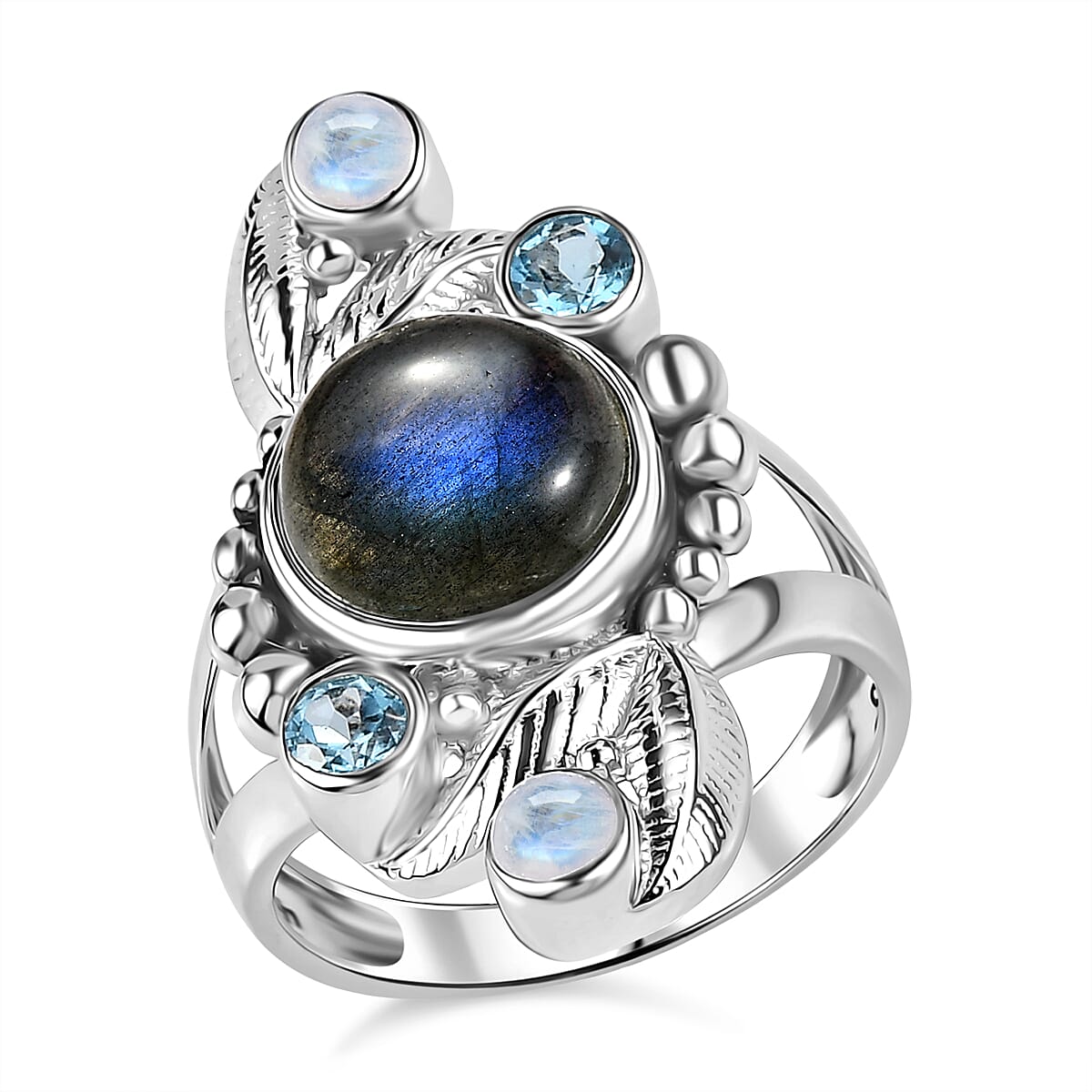 Sajen Silver Malagasy Labradorite, Multi Gemstone Ring in Rhodium Over Sterling Silver (Size 10.0) 5.10 ctw