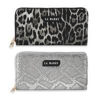 La Marey Black Faux Leather Leopard and Silver Crocodile Print Set of 2 Wallet (7.48"x3.94"x0.98")