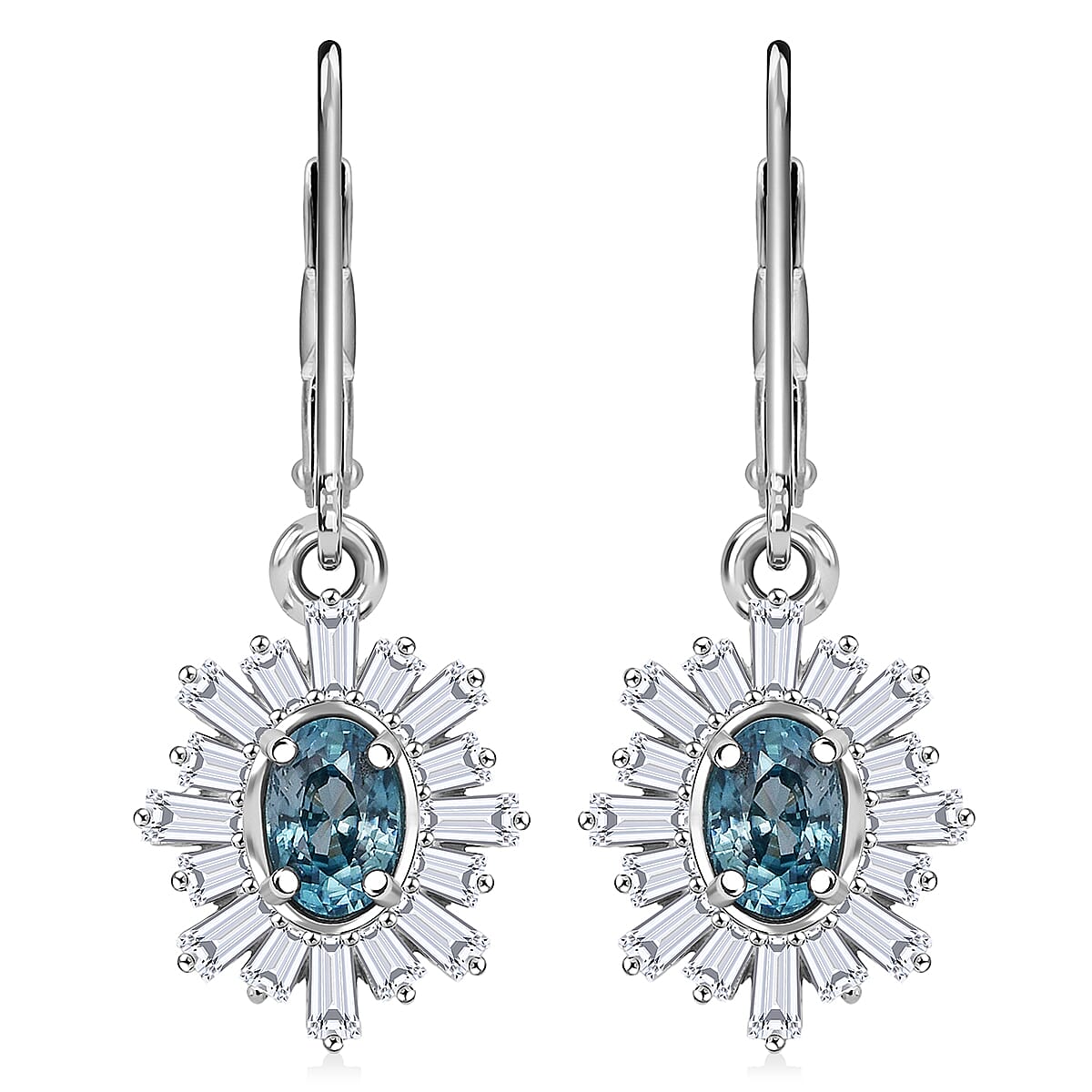 D'Joy Premium Cambodian Blue Zircon and Moissanite 2.60 ctw Azure Flare Earrings in Rhodium Over Sterling Silver