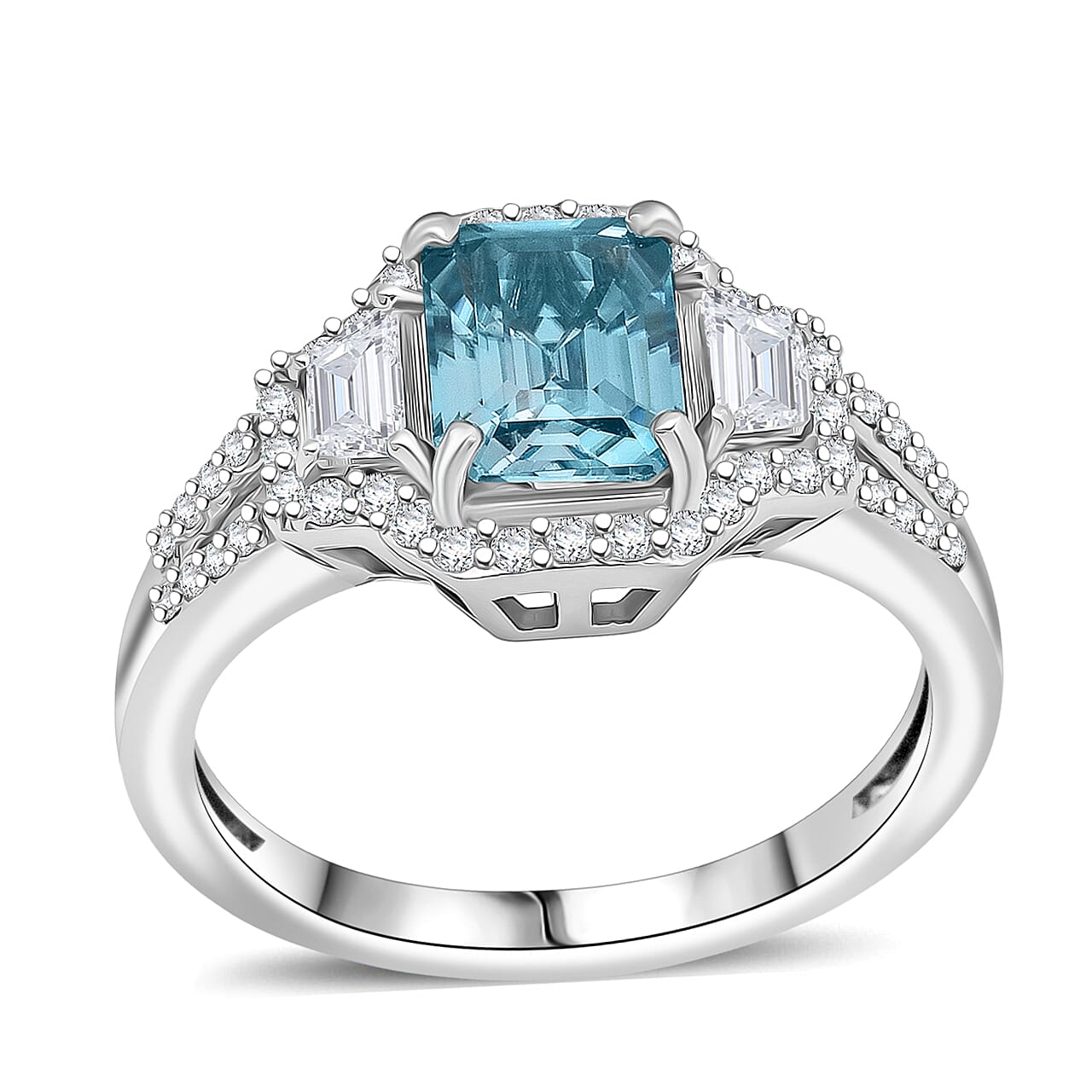 D'Joy Premium Blue Zircon, White Zircon Ring in Rhodium Over Sterling Silver (Size 10.0) 2.80 ctw