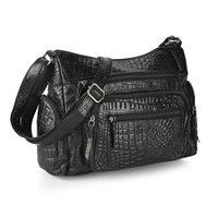La Marey Black Croco Genuine Leather Multi Pocket Sling Crossbody Bag with Front Pocket