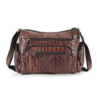 La Marey Brown Croco Print Genuine Leather Multi Pocket Sling Crossbody Bag with Front Pocket RFID (13"x10.5"x6")..