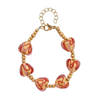 Green Murano Style Heart Bracelet in ION Plated YG Stainless Steel (7.00-8.5In)
