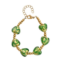 Green Murano Style Heart Bracelet in ION Plated YG Stainless Steel (7.00-8.5In)