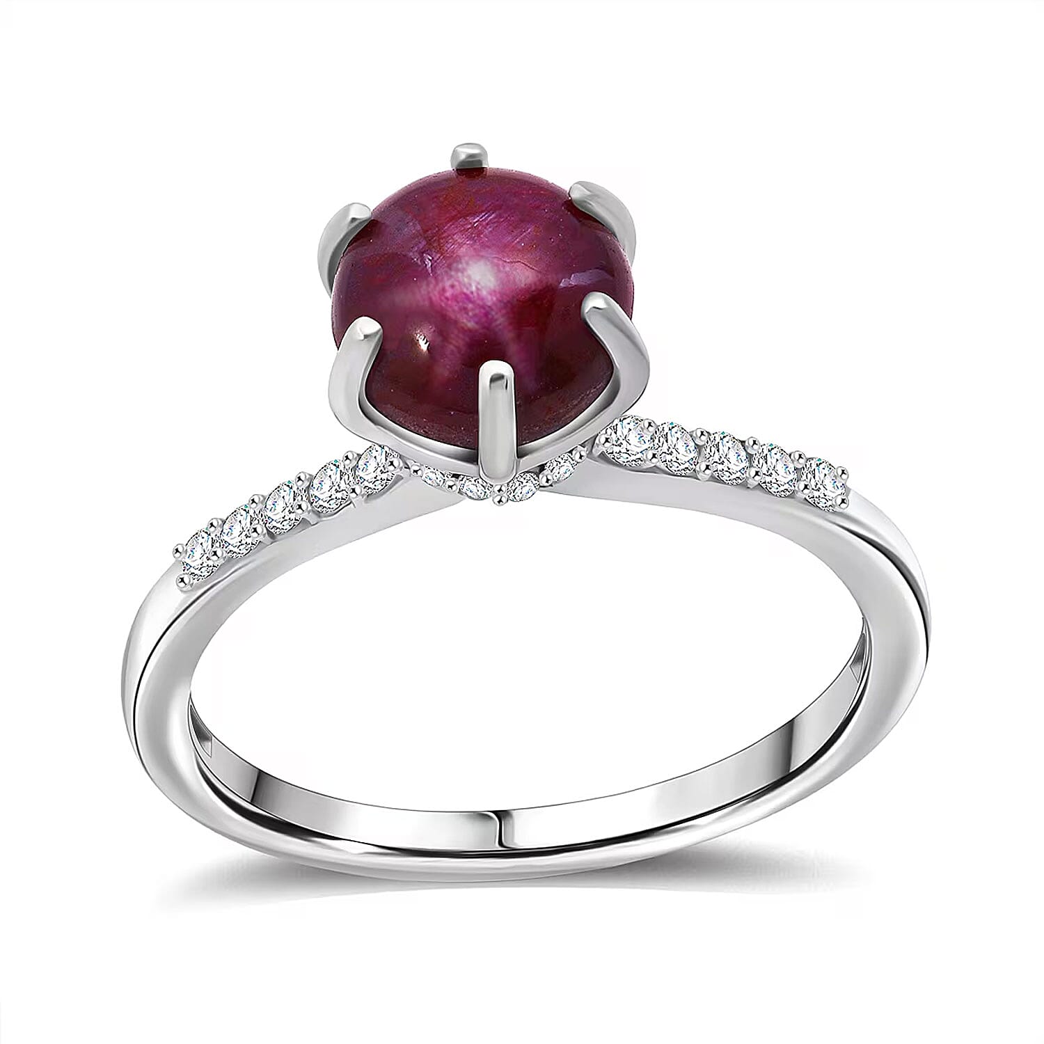 D'Joy Premium Indian Star Ruby, White Zircon Ring in Rhodium Over Sterling Silver (Size 10.0) 4.10 ctw