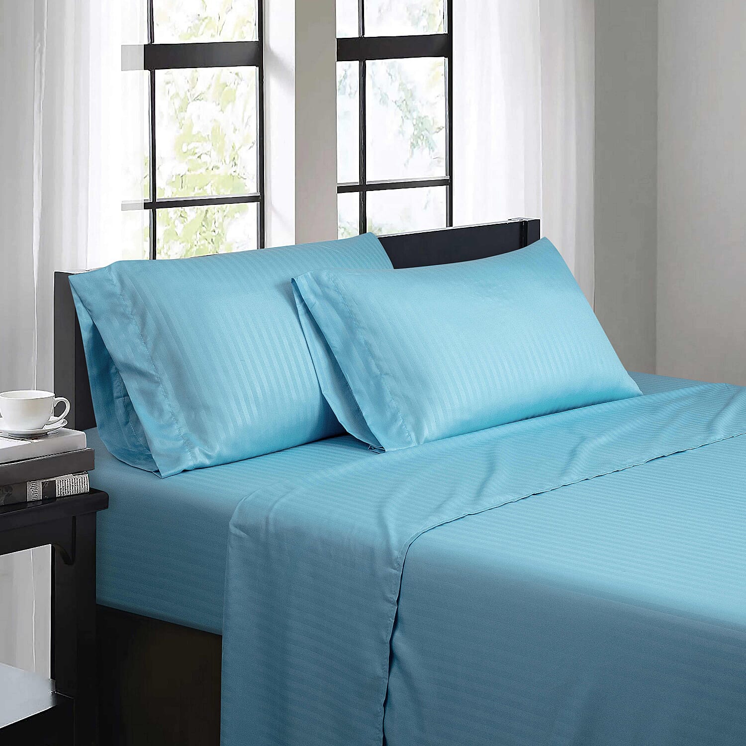 Bibb Home 4pc Aqua Damask Stripe Microfiber Sheet Set -Twin