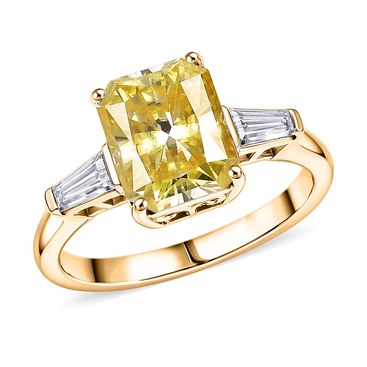 D'Joy Yellow (Oct 10x8mm) and White Moissanite Ring in 18K Vermeil YG Over Sterling Silver (Size 10.0) 3.80 ctw