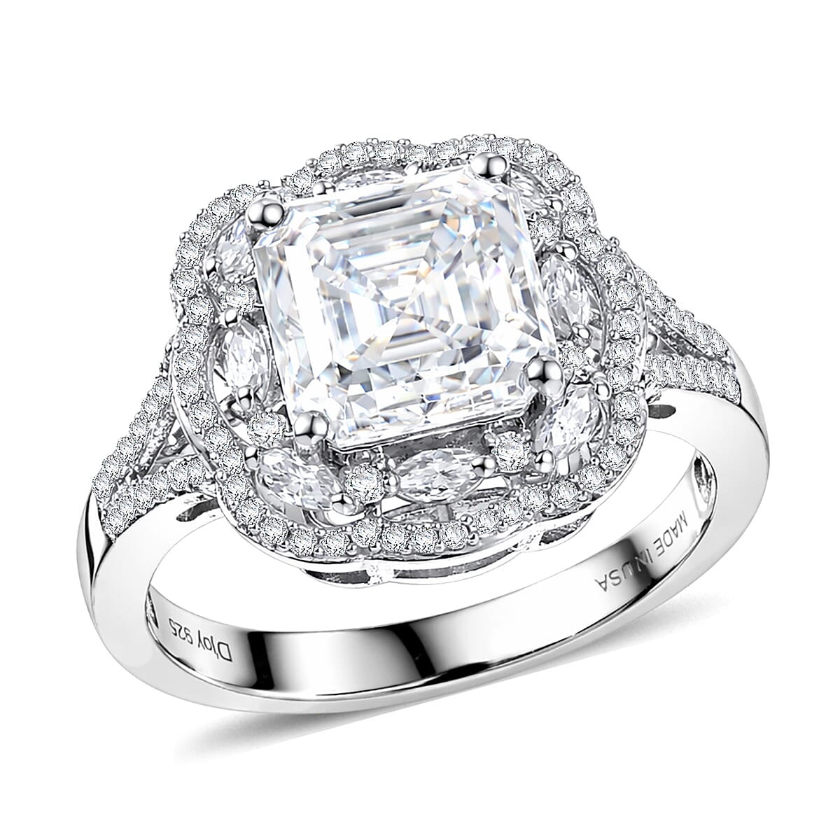 D'Joy Moissanite (Oct 8x8mm) Ring in Rhodium Over Sterling Silver (Size 10.0) 3.30 ctw