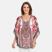 La Marey Red Chiffon Printed Kaftan - One Size Fits Most