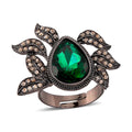 Austrian Champagne Crystal, Green Glass Leaf Ring in Dark Silvertone (Size 6-8) - Sticky add to cart bar