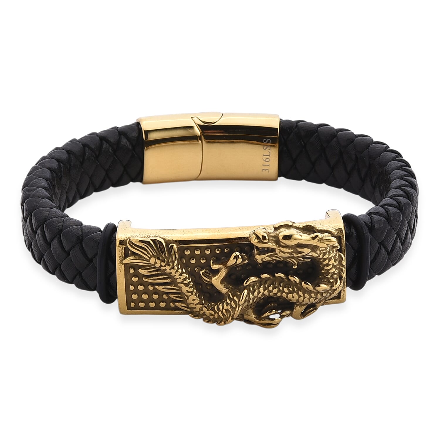 Dragon Motif Microfiber Leather Bracelet in ION Plated YG Stainless Steel (8.00 In)