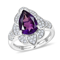 D'Joy African Amethyst, White Zircon Ring in Rhodium Over Sterling Silver (Size 7.0) 3.30 ctw