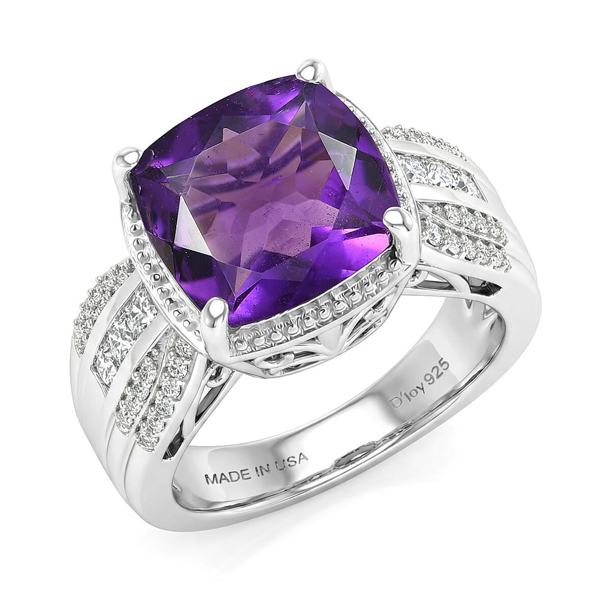 D'Joy AAA African Amethyst, Moissanite Ring in Rhodium Over Sterling Silver (Size 7.0) 5.50 ctw