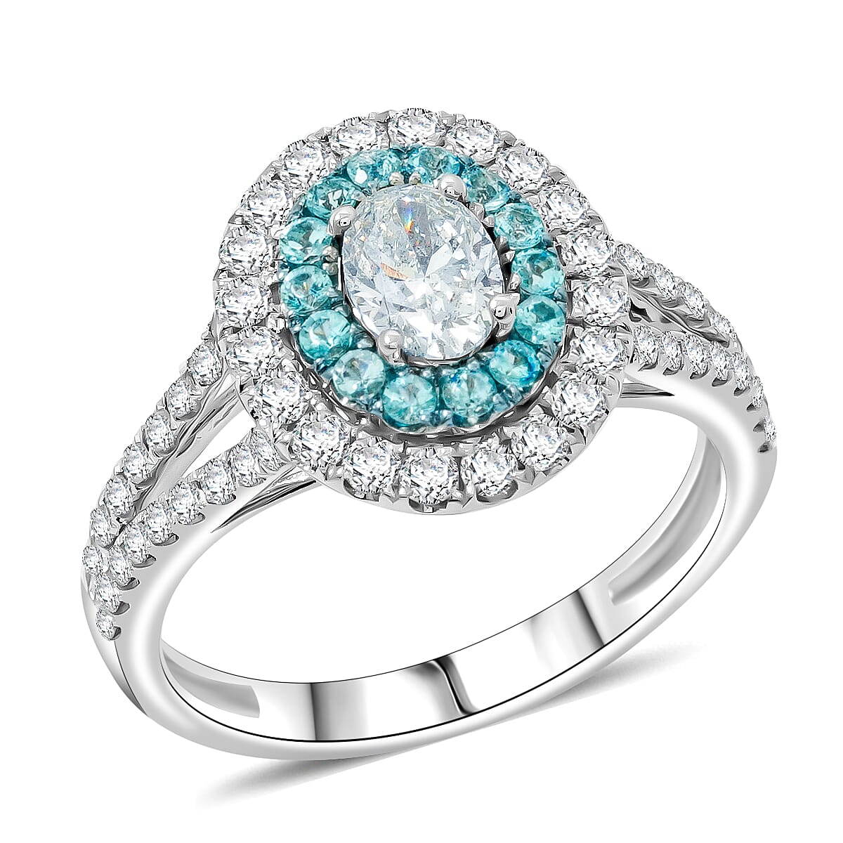 Modani Diamond (G - SI1) and Brazilian Paraiba Tourmaline 1.37 ctw Ring in 950 Platinum 4.73 Grams