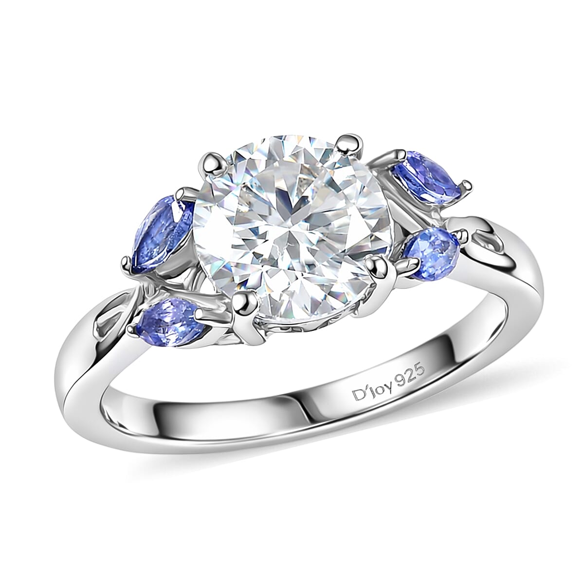 D'Joy Moissanite (Rnd 8mm), Tanzanite Ring in Rhodium Over Sterling Silver (Size 10.0) 2.25 ctw