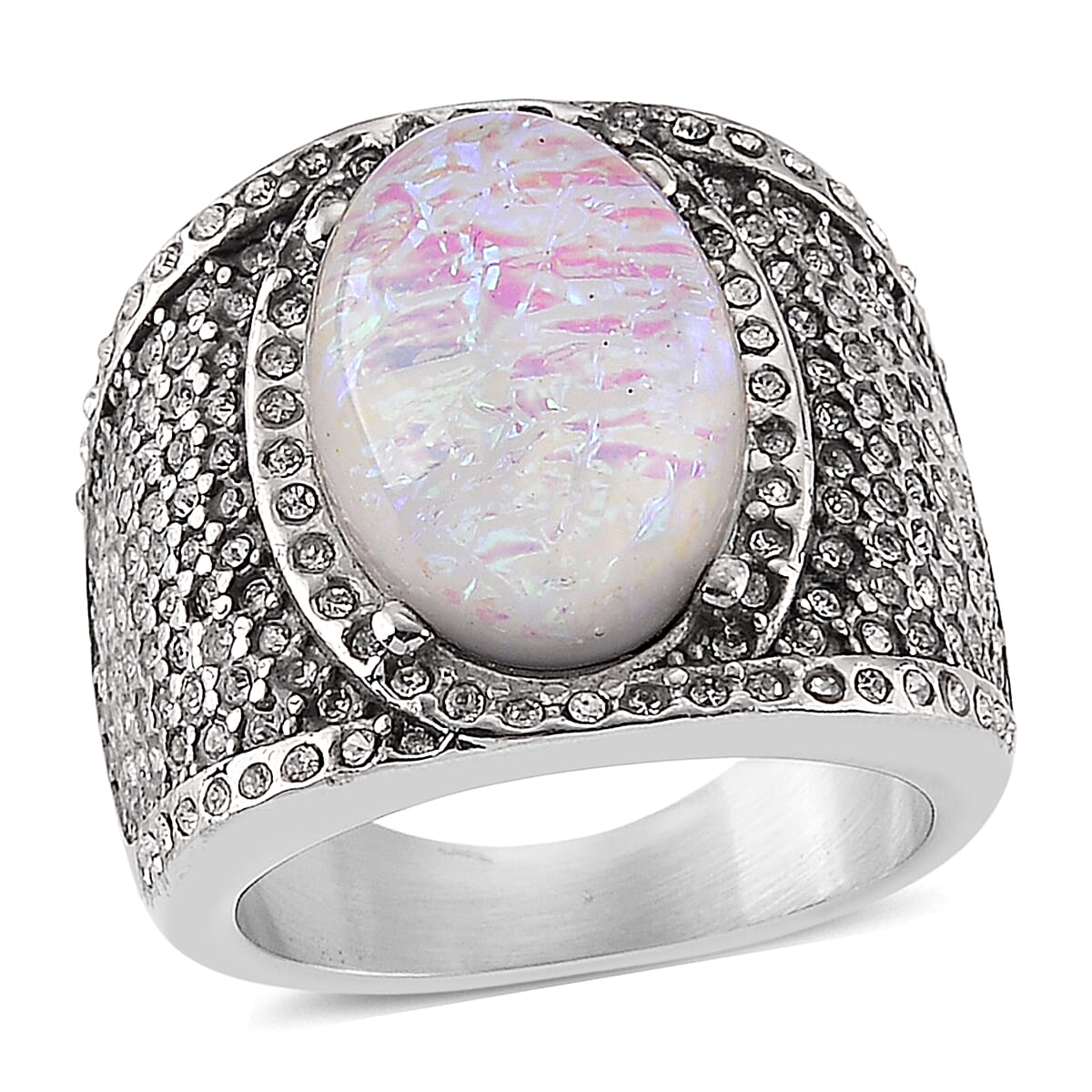 White Resin and Austrian Crystal Fire & Snow Celestia Ring in Stainless Steel (Size 10.0)