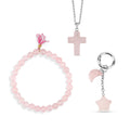 Rose Quartz Gemstone Gift Set of 3 Keyring, Beaded Bracelet and Cross Necklace 18 Inches - Sticky add to cart bar