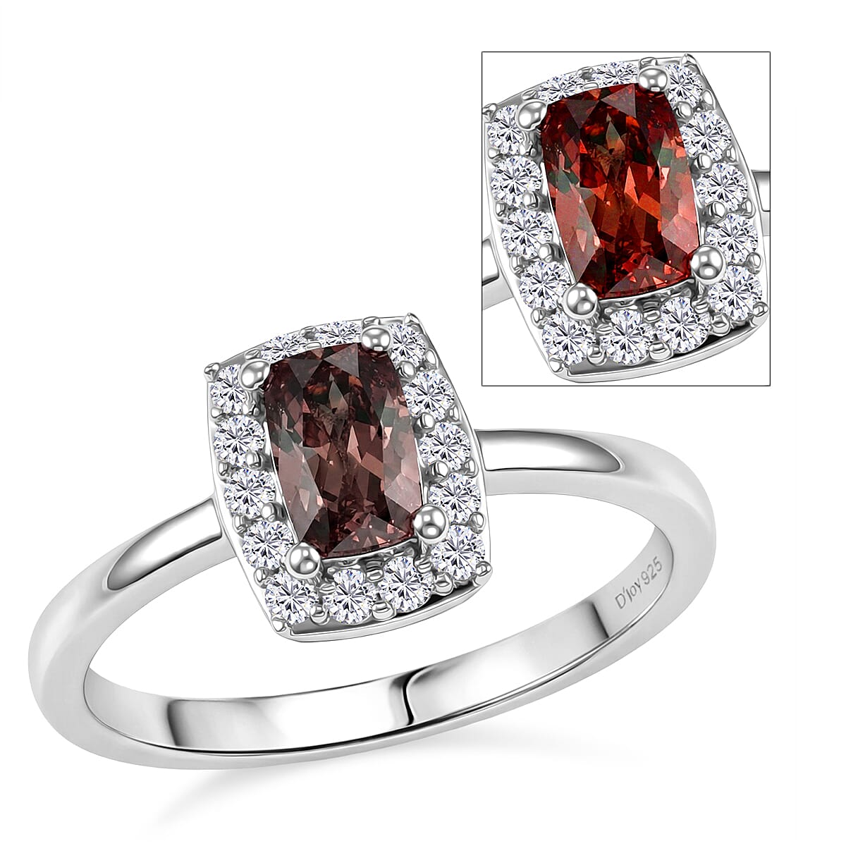 D'Joy Premium Madagascar Color Change Garnet, Moissanite Halo Ring in Rhodium Over Sterling Silver (Size 7.0) 0.90 ctw