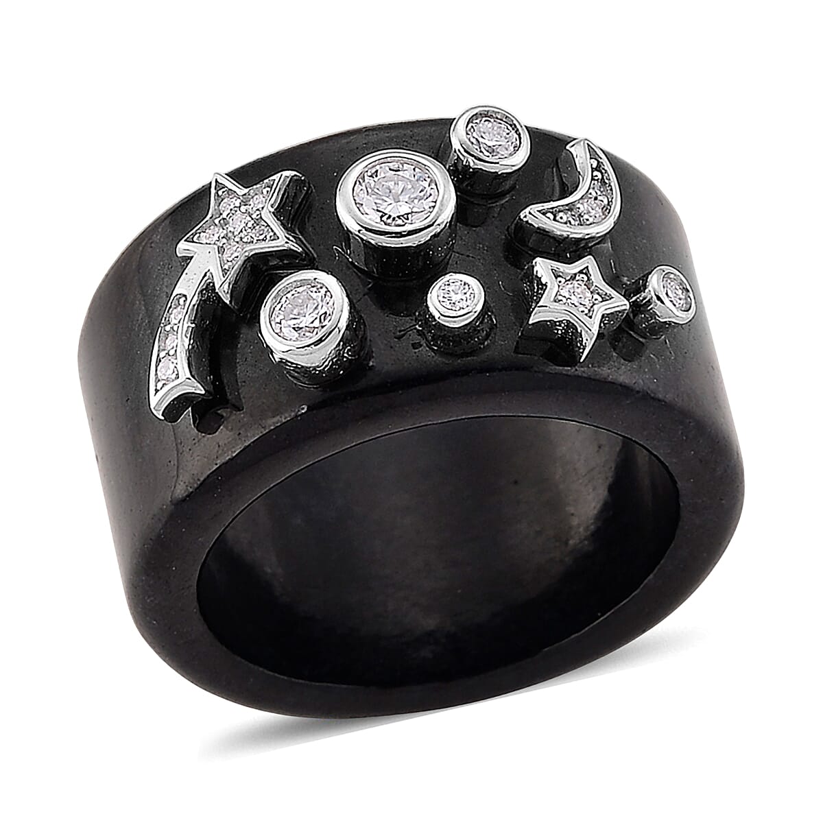 D'Joy Black Jade, Moissanite Moon Star Ring in Rhodium Over Sterling Silver (Size 10.0) 33.80 ctw