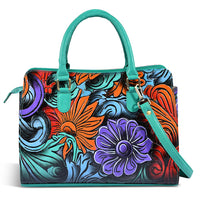 La Marey Turquoise Blue Genuine Leather Hand Painted Tooled Satchel Bag (12.25"x4"x9.25")
