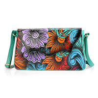 La Marey Turquoise Blue Genuine Leather Hand Painted Tooled Crossbody Bag