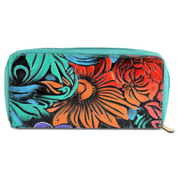 La Marey Turquoise Blue RFID Protected Tooled Leather Women's Wallet 9"x1"x5"