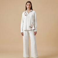 La Marey Beige Cotton Blend Embroidered 2pcs Pant Set - One Size Plus