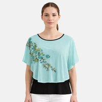 La Marey Turquoise Chiffon 2 Layer Floral Applique Top - One Size Plus
