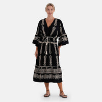 La Marey Black and Beige Embroidered Wove 3/4 Sleeve Dress Cover-up - One Size Fits Most