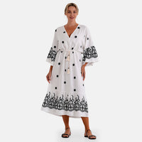 La Marey Black and Beige Embroidered Wove 3/4 Sleeve Dress Cover-up - One Size Fits Most